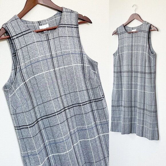 J JILL Ponte Gray Plaid Soft Knit Shift Dress S Side Pockets Preppy Sleeveless - Picture 5 of 13